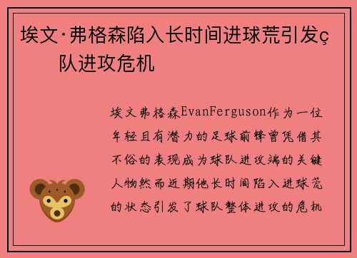 埃文·弗格森陷入长时间进球荒引发球队进攻危机 埃文·弗格森陷入长时间进球荒引发球队进攻危机